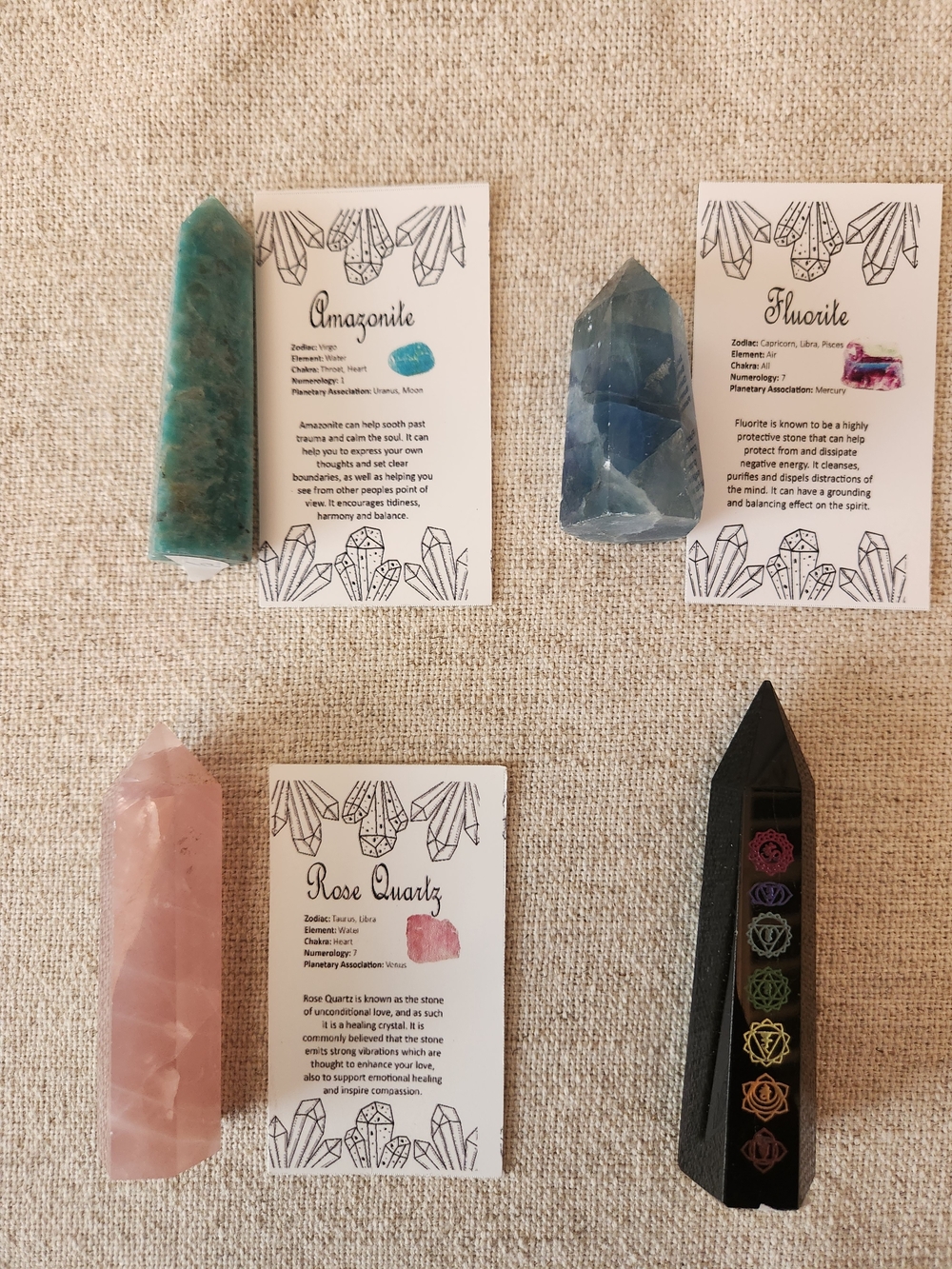 4 Crystal Tower Bundle | Amazonite, Fluorite, Rose Quartz & Obsidian Chakra Poin